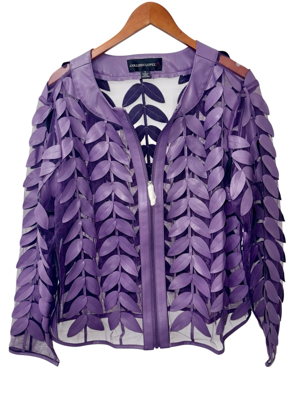 COLLEEN LOPEZ Women's Purple Leaf-Pattern Sheer Jacket Sz 1X